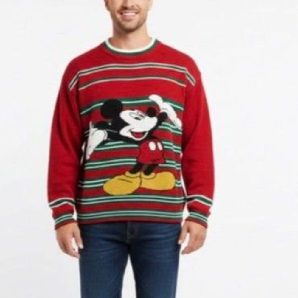 Vintage Mickey Unlimited Red White Green Stripe Mickey Mouse Christmas Sweater M